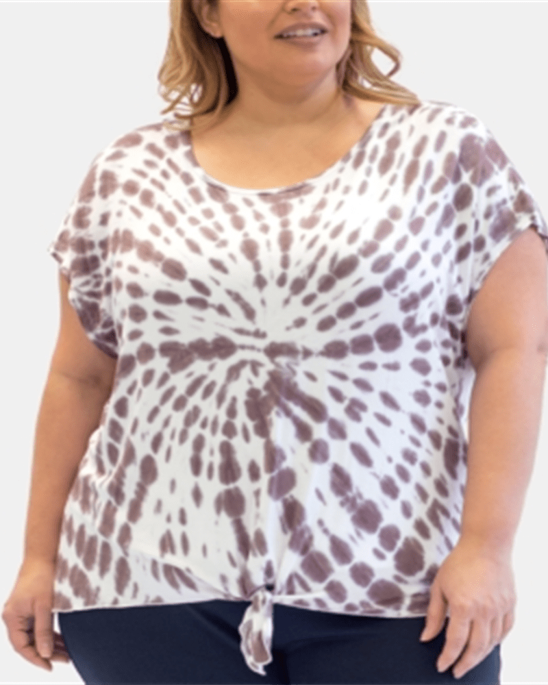 Front of a model wearing a size 1X Nanette Lepore Women's Plus Tie Front Tie Dye T-Shirt White Size 1X in White by Nanette Lepore. | dia_product_style_image_id:313923